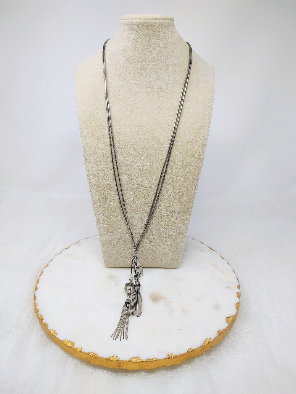 Jennifer Lopez JLo Long Silver Tone Double Tassel Pendant Necklace